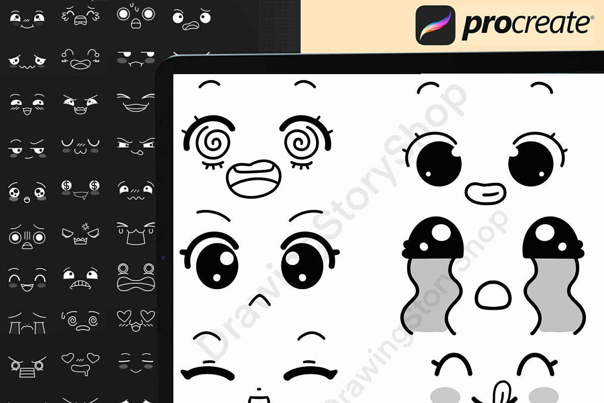 200 Procreate Kawaii Faces Stamp, a Brush Add-On by DrawingStoryShop