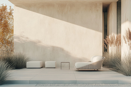 Luxurious Outdoor Living Space with Garden Backdrop, an Abstract Photo by Natalia Klenova's Shop