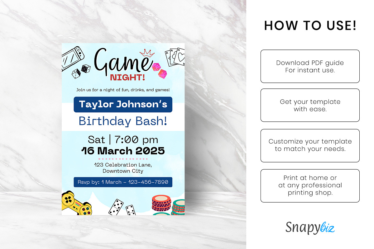 Game Night Birthday Invitation Canva, an Invitation Template by Snapybiz (Photo 4 of 6)