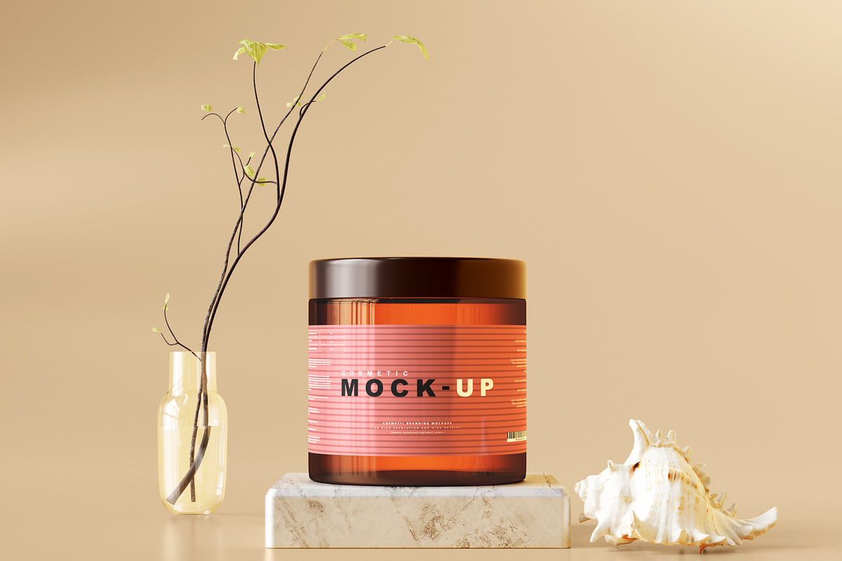 Amber Glass Cosmetic Jar Mockups, a Cups & Container Mockup by pmvch (Photo 6 of 26)