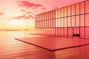 Modern glass house by ocean at sunset with warm reflections, an Architecture Photo by RF Images