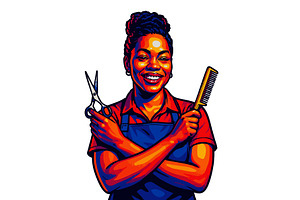 Female Hairdresser with Scissors and, a Person Illustration by AlexArt