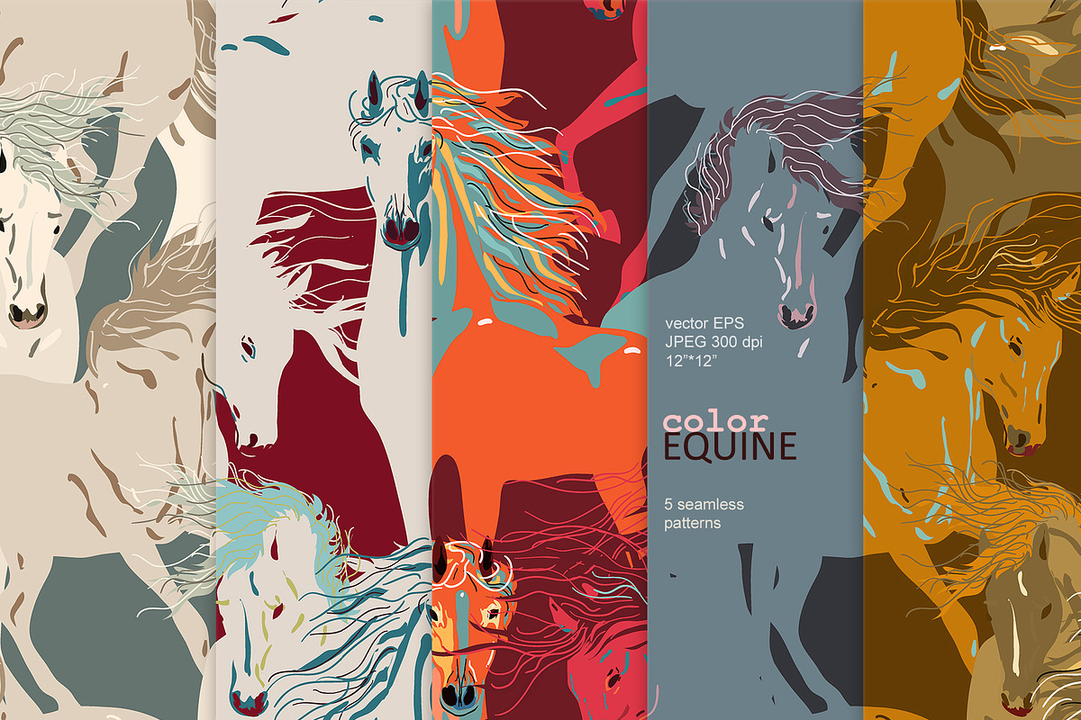 Equine color seamless vector set, a Pattern Graphic by PatternsBlooming