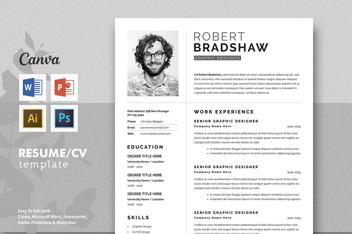 Resume | Canva, Word, PPTX, PSD, Ai, a Resume Template by ArtisticLand (Photo 1 of 4)