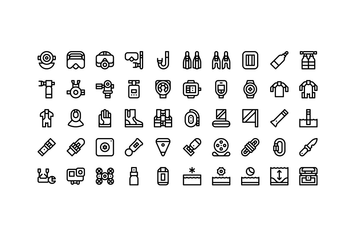 50 Diving Equipment Icons, an Outline Icon by Side Project (Photo 2 of 7)