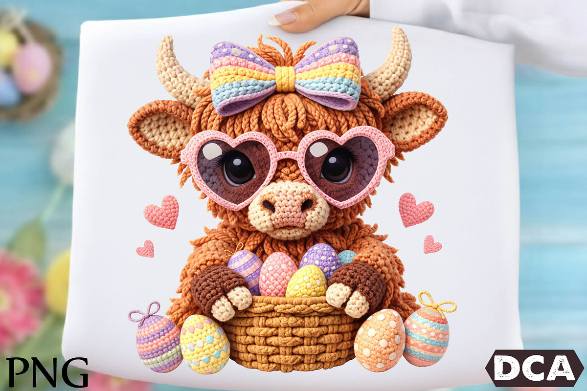 Crochet Easter Highland Cow PNG, an Illustration by DreamCafeArt (Photo 1 of 6)