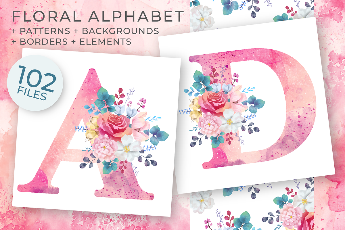 Watercolor Pink Floral Alphabet, a Decorative Illustration by Ana design (Photo 1 of 5)