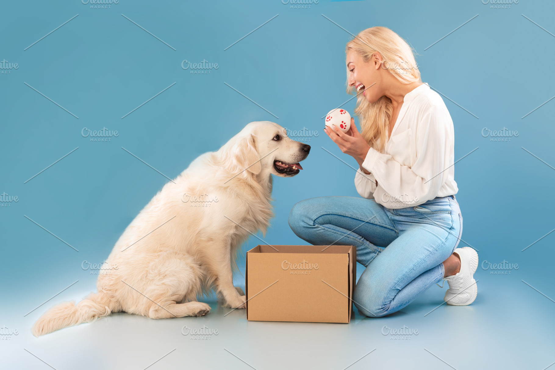 Excited young woman playing with dog holding ball, a Photo by Prostock-Studio