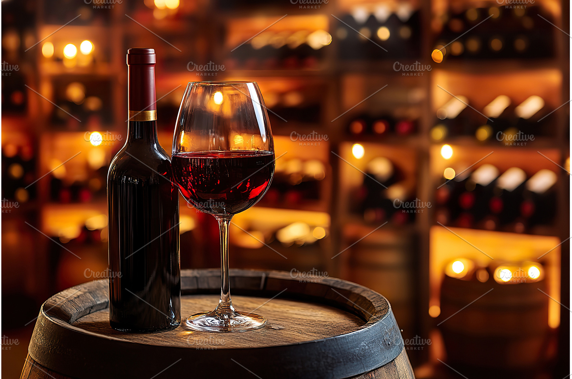 Red wine bottle and glass on barrel, a Food & Drink Photo by Lermont51
