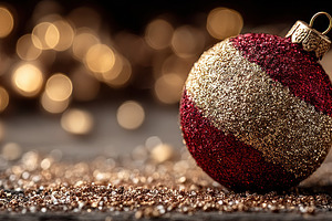 Red and gold glitter Christmas ornament ball on festive surface, a Holiday Photo by José Manuel Gelpi