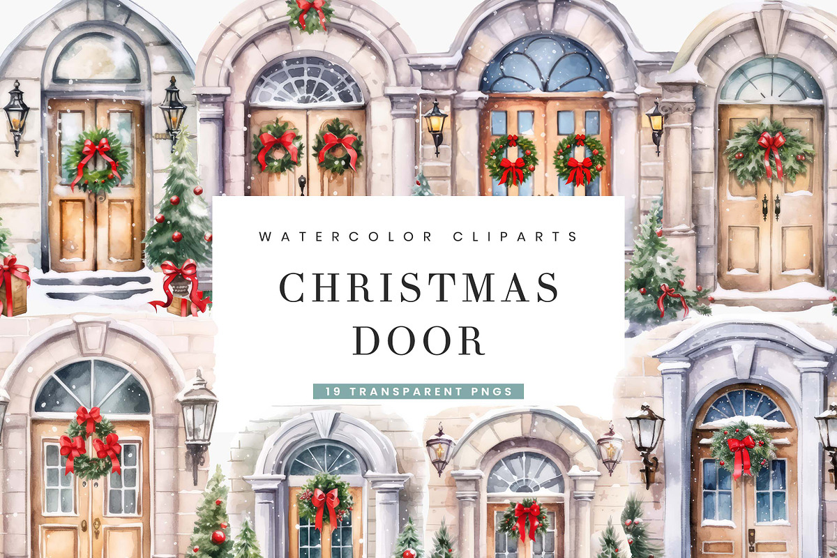 Watercolor Christmas Door Clipart, an Object Illustration by BusyDaydesign (Photo 1 of 7)