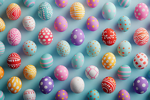 Pattern of decorated easter eggs on blue background, a Food & Drink Photo by AlyaAnd
