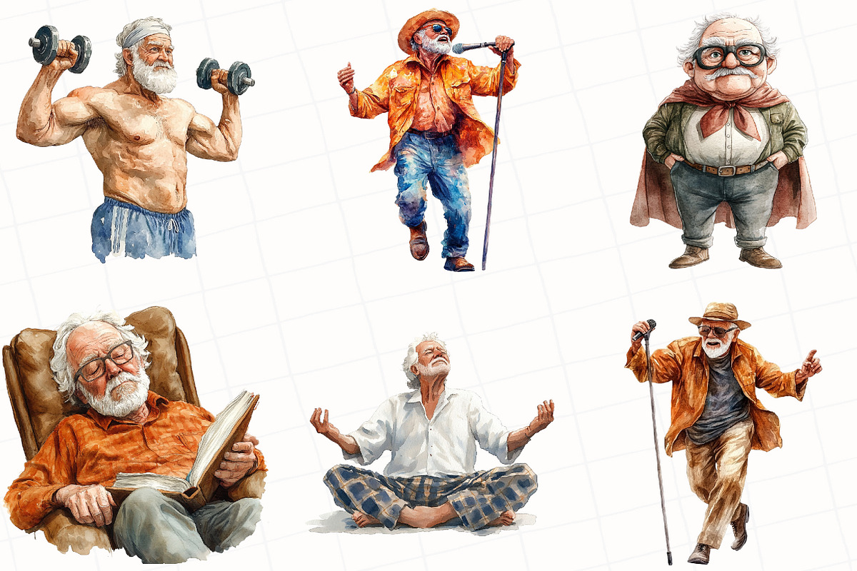 Watercolor Funny Grandpa Clipart, an Illustration by OK Design (Photo 4 of 5)