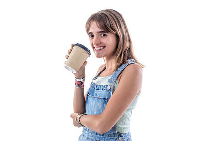 smiling cute young girl holding a take away coffee while looking at camera isol, a Person Photo by 2Design
