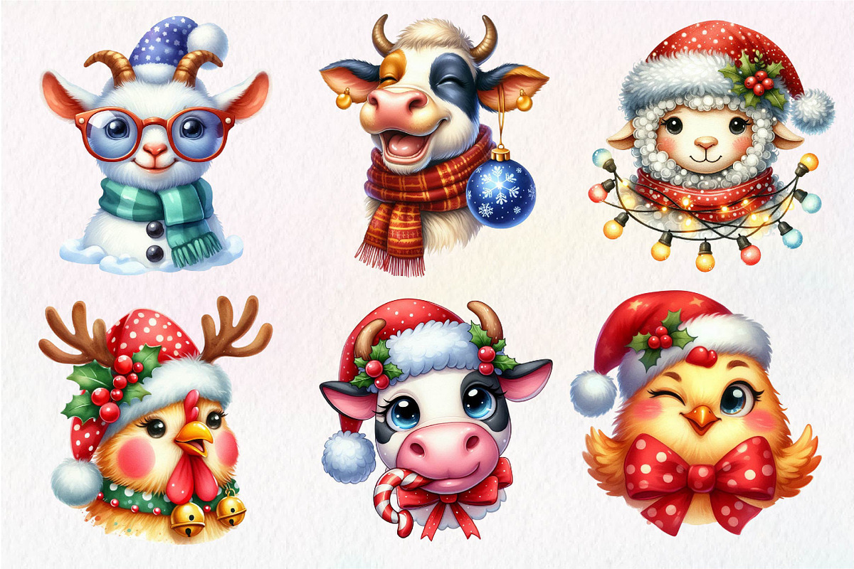 Christmas Farm Animal Face Clipart, an Illustration by Dream Creation (Photo 5 of 7)