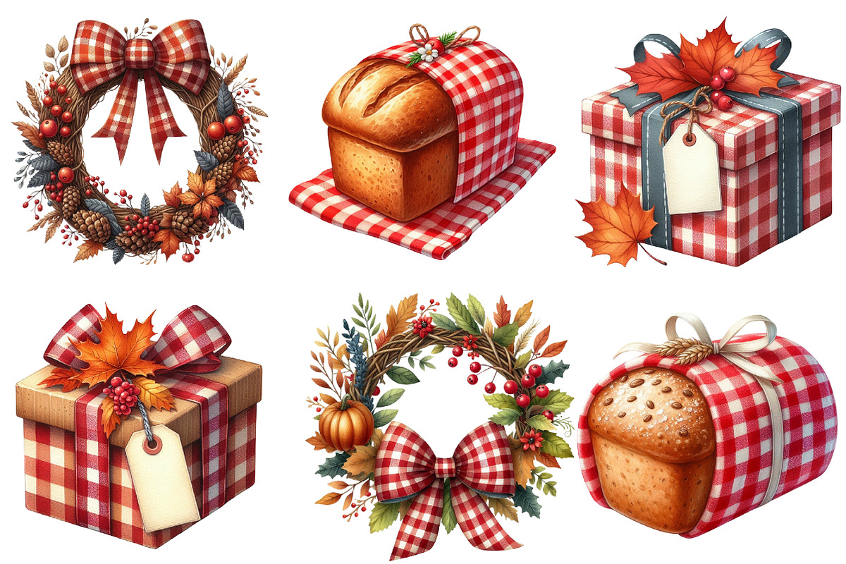 Red Gingham Autumn Clipart, an Illustration by Watercolor design (Photo 4 of 4)