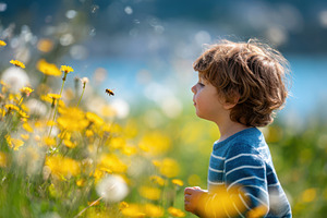 Boy watching a bee in a flower garden, a Person Photo by AlyaAnd