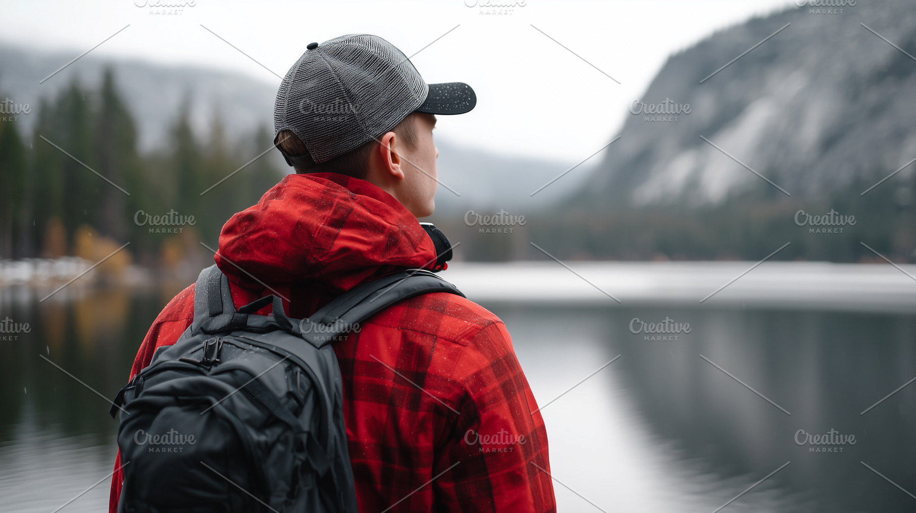 Man in red jacket with backpack and, a Person Photo by MistyDay
