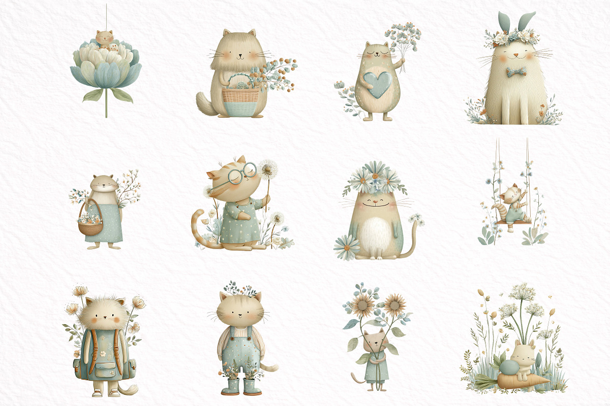 Whimsical Funny Spring Cats Clipart, an Illustration by DreamArtGraphic (Photo 2 of 8)