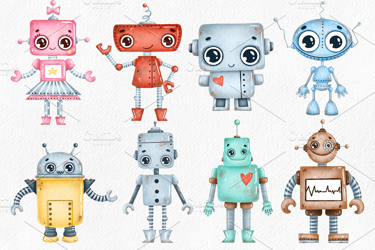 Cute Robots Clipart, a Technology Illustration by BonbonnyDesigns (Photo 2 of 4)