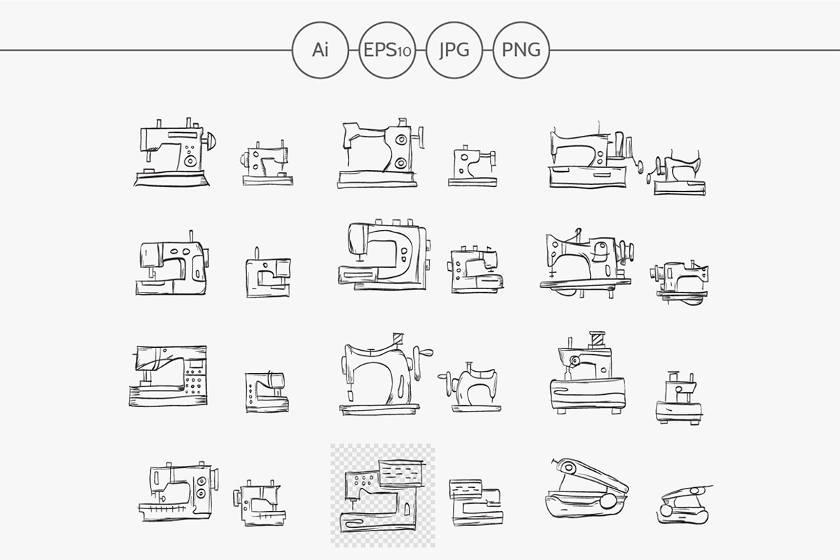 Sewing machines sketch vector icons