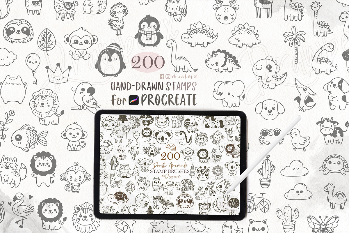Animal Doodles Procreate stamps 019, a Brush Add-On by Drawberx (Photo 1 of 6)