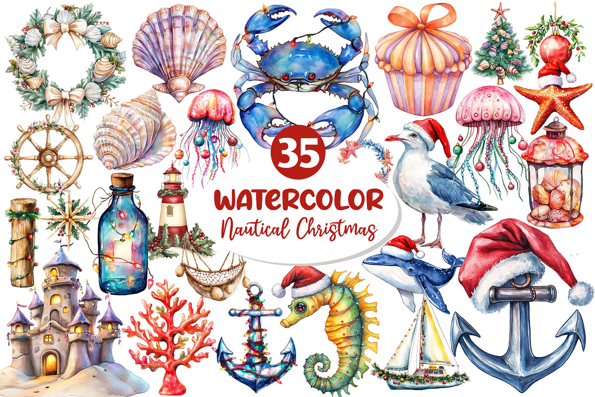 Watercolor Nautical Christmas Clipar, an Illustration by Dream Creation (Photo 1 of 7)