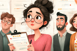 Employee review meeting with nervous woman holding clipboard and colleagues in, a Photo by AS photostudio