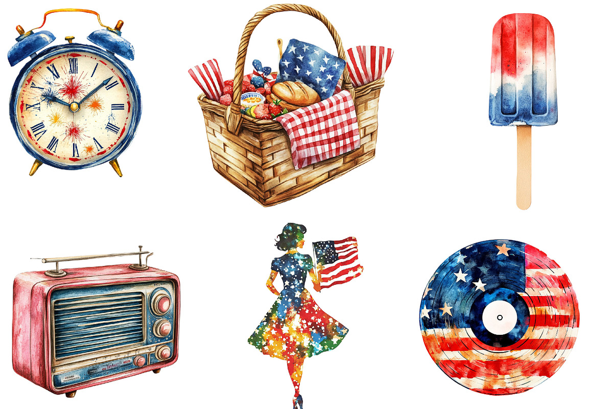 Watercolor Retro 4th of July Clipart, an Illustration by Designking (Photo 3 of 5)