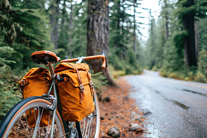 Bicycle with travel panniers parked on a forest road surrounded by lush greener, a Transportation Photo by AlyaAnd
