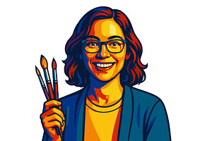 Smiling Female Artist Holding, a Person Illustration by AlexArt