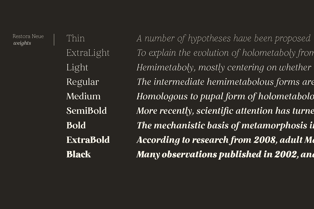 Restora Neue - 18 Fonts, a Serif Font by Nasir Udin (Photo 12 of 20)