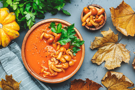 Vegan pumpkin soup puree with mushrooms, pepper and parsley. Win, a Food & Drink Photo by 5PH