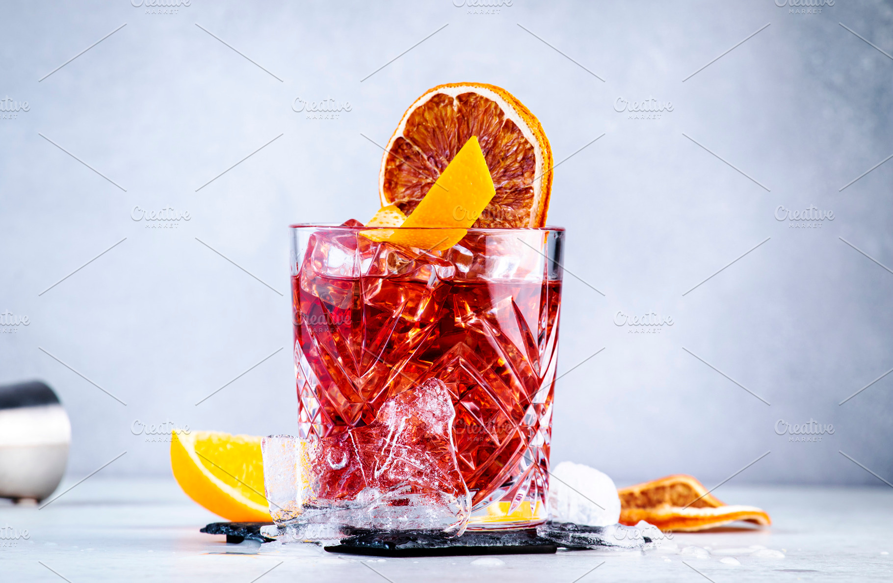 Negroni alcoholic cocktail drink with dry gin, red vermouth and, a Food & Drink Photo by 5PH
