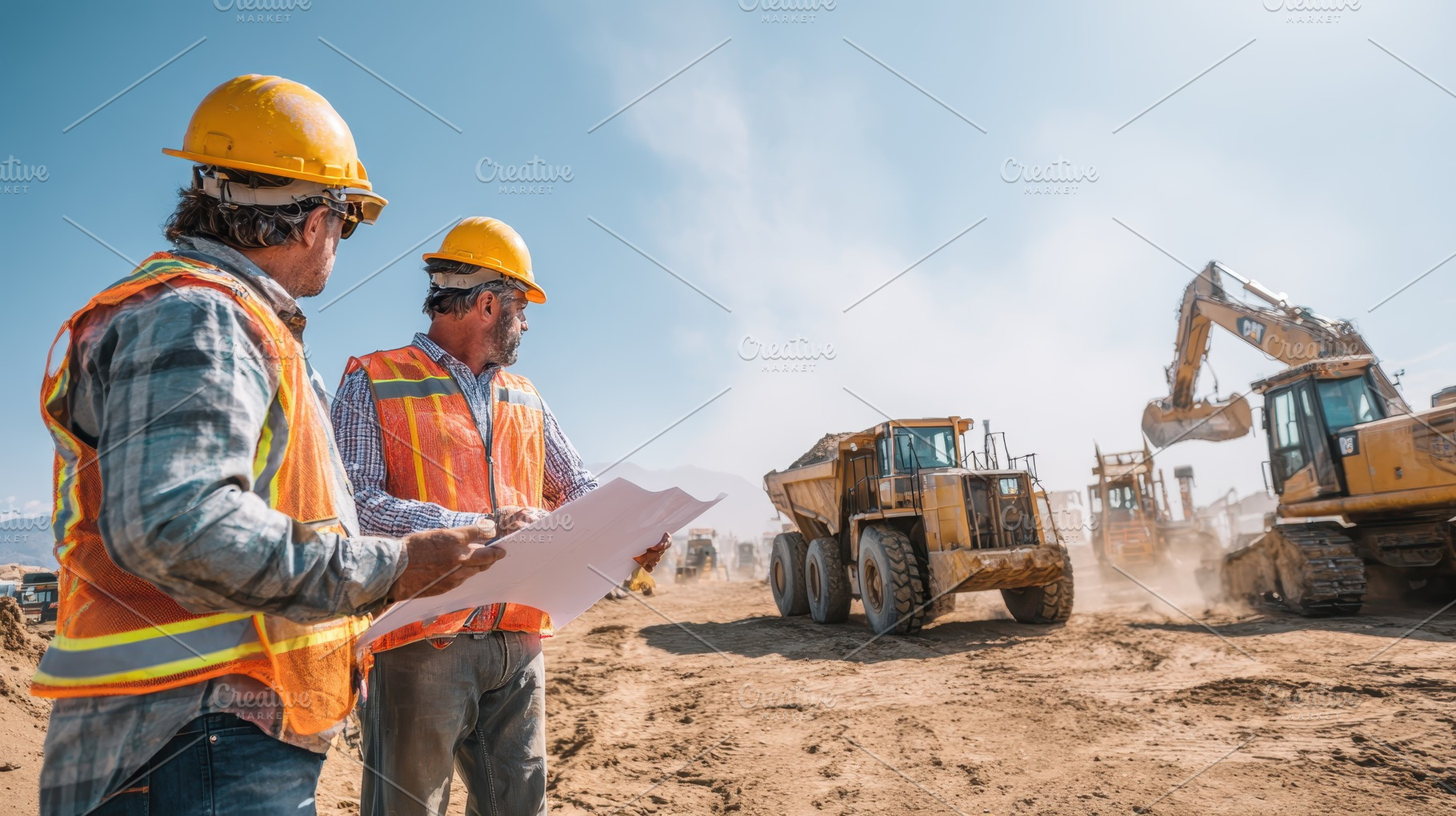 Construction workers reviewing bluep, a Photo by Pixeness Studio