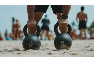 A person holds two kettlebells on a, a Sports & Recreation Photo by Sergey Kotenev