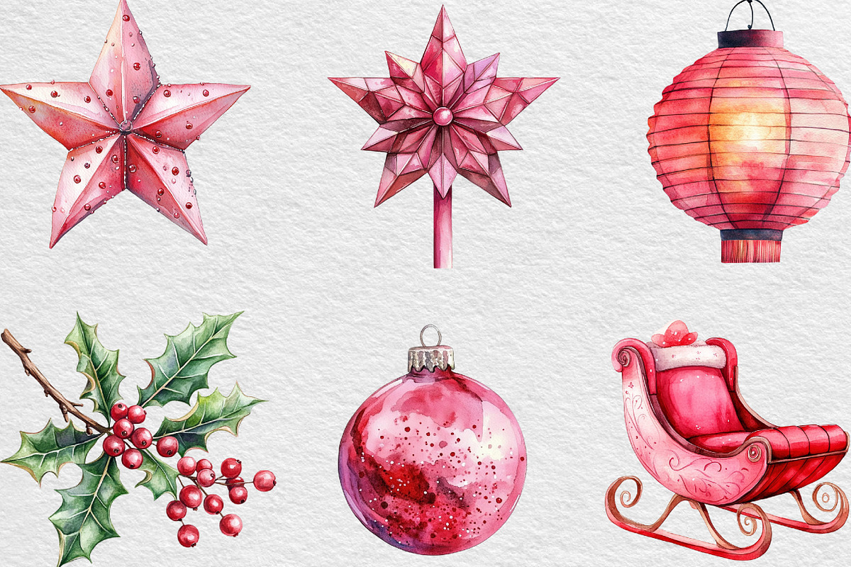 Watercolor Pink Christmas Clipart, an Illustration by Black Bird Studio (Photo 5 of 6)