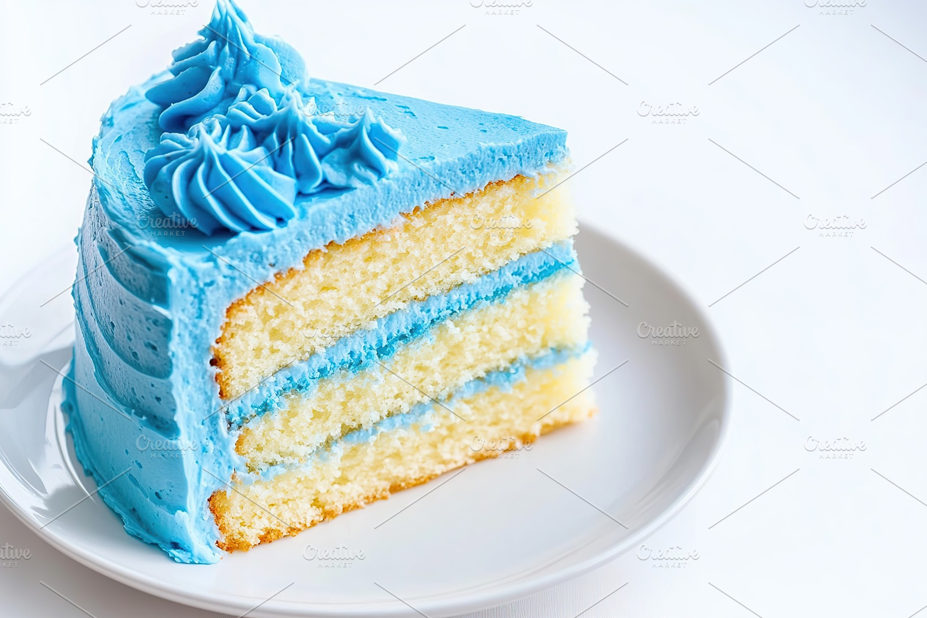 Delicious piece of cake with blue frosting cream, a Food & Drink Photo by AlyaAnd