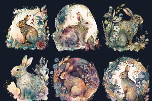 Watercolor Floral Rabbits Clipart