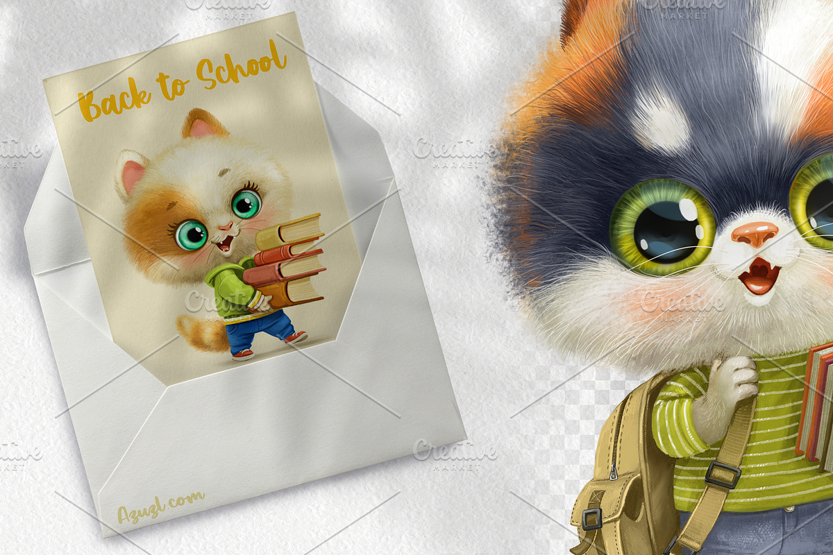 Cartoon kittens back to school set, an Animal Illustration by Azuzlikus (Photo 2 of 3)