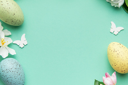 Easter eggs and spring flowers creating a frame on a turquoise b, a Holiday Photo by Olena Rudo