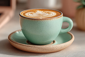 Mint Green Latte Art Coffee Cup in Cozy Home Office with Soft Na, a Food & Drink Photo by José Manuel Gelpi