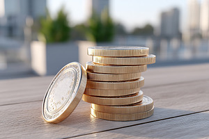 Stacked coins on a wooden surface during daylight in an urban setting, a Business Photo by AlyaAnd