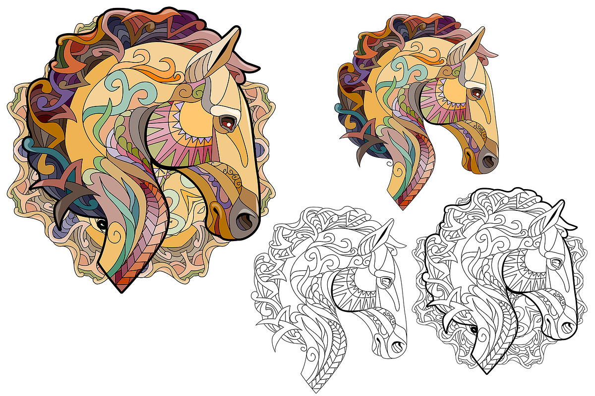 Decorative horses for coloring pages, an Object Graphic by Watercolor fantasy (Photo 3 of 5)