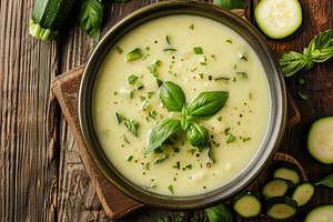 Flat lay of zucchini cream soup puree in bowl on wooden table, a Food & Drink Photo by AlyaAnd