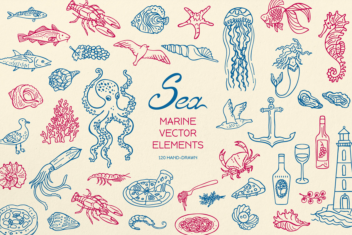 Marine Vector Art Set 120 Sea Life, a Decorative Illustration by Neliakott ♥ (Photo 1 of 12)