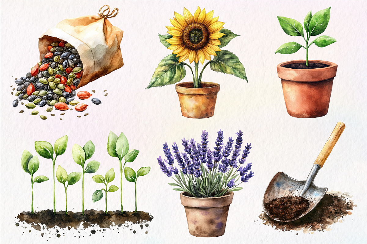 Gardening Day Watercolor Clipart, an Illustration by Dream Creation (Photo 3 of 6)