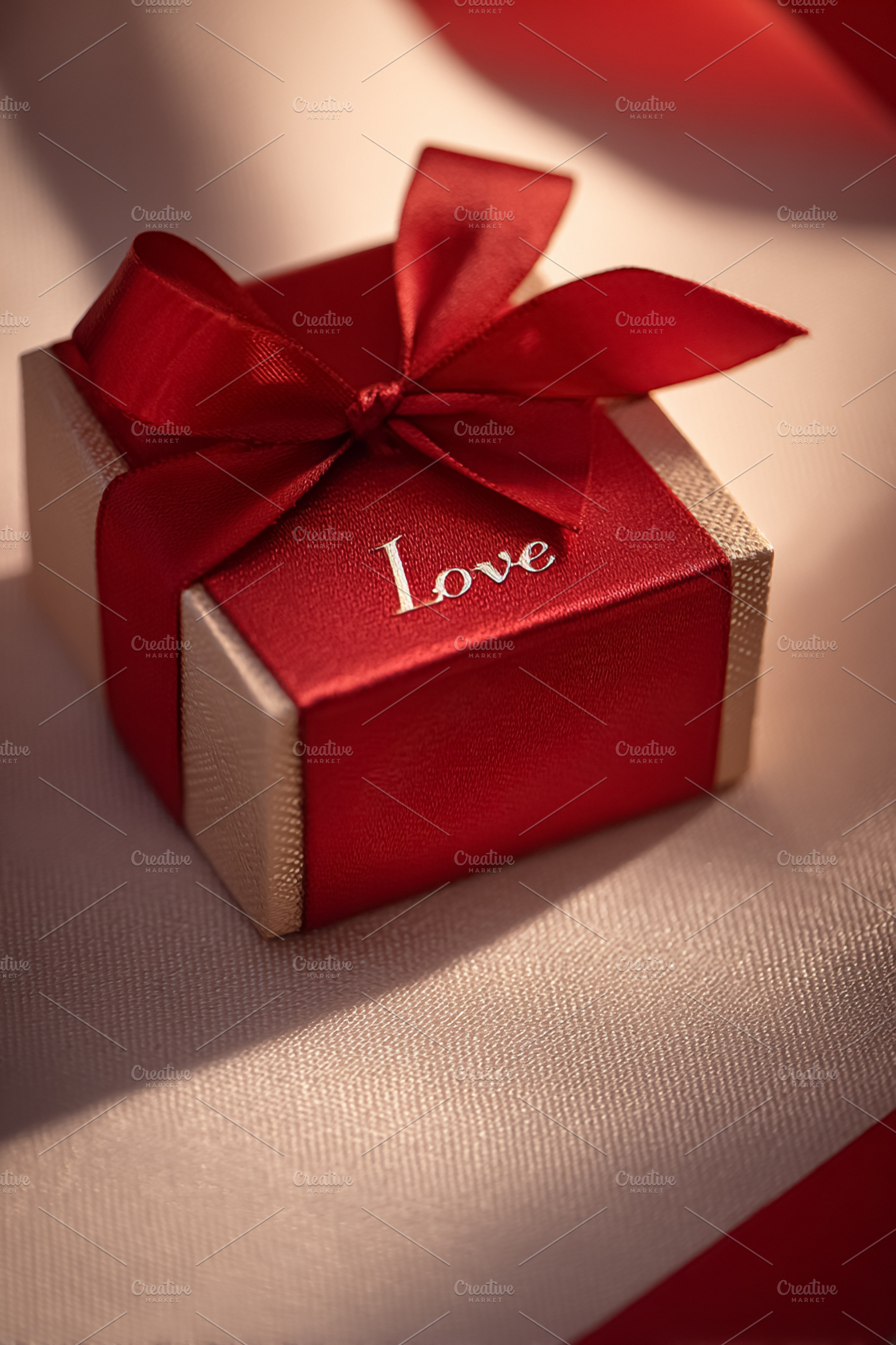 Gift box with elegant red ribbon, bow, and Love inscription, cre, a Photo by Studio ANNA