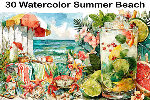 Watercolor Summer Beach Clipart, an Illustration by Black Bird Studio
