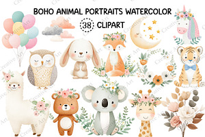 Boho Animal Portraits Watercolor Png, an Illustration by Creative Art